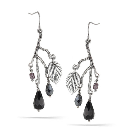 Antique Silver Tone Leaf Black Stone Drop Earrings
