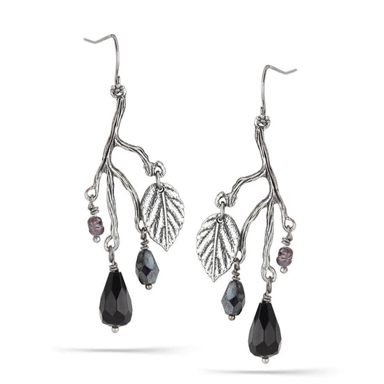 Antique Silver Tone Leaf Black Stone Drop Earrings