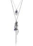 Rhodium-Tone Metal Leaf And Blue Stone 2 Latered Tassel Necklace