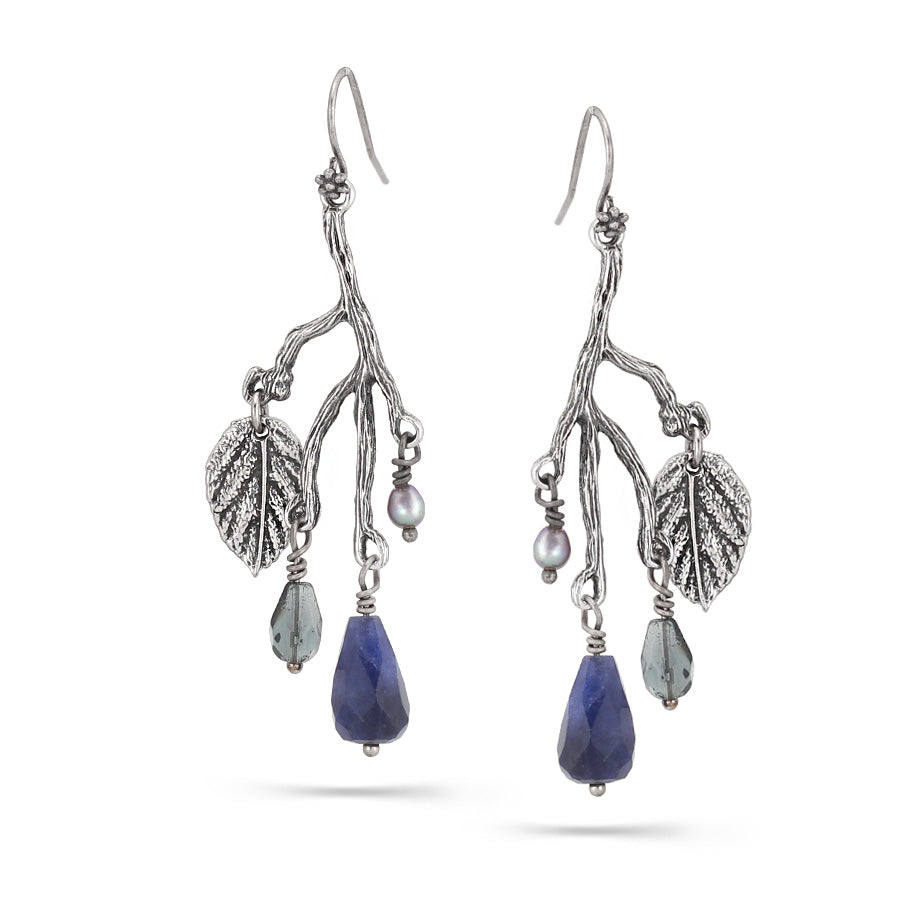 Antique Silver Tone Leaf Blue Stone Drop Earrings
