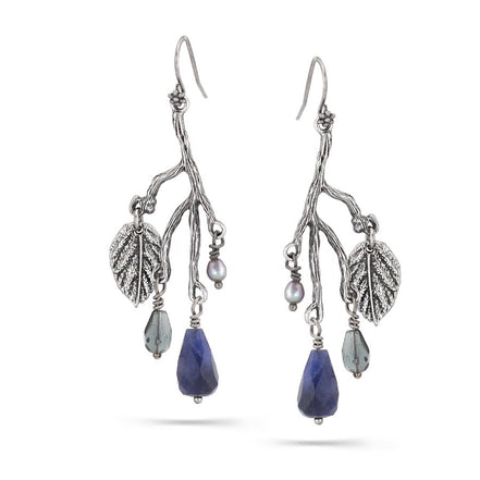 Antique Silver Tone Leaf Blue Stone Drop Earrings