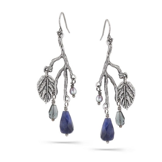 Antique Silver Tone Leaf Blue Stone Drop Earrings