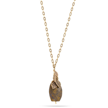 Antique Gold Tone Metal Brown Faceted Stone Pendant Necklace