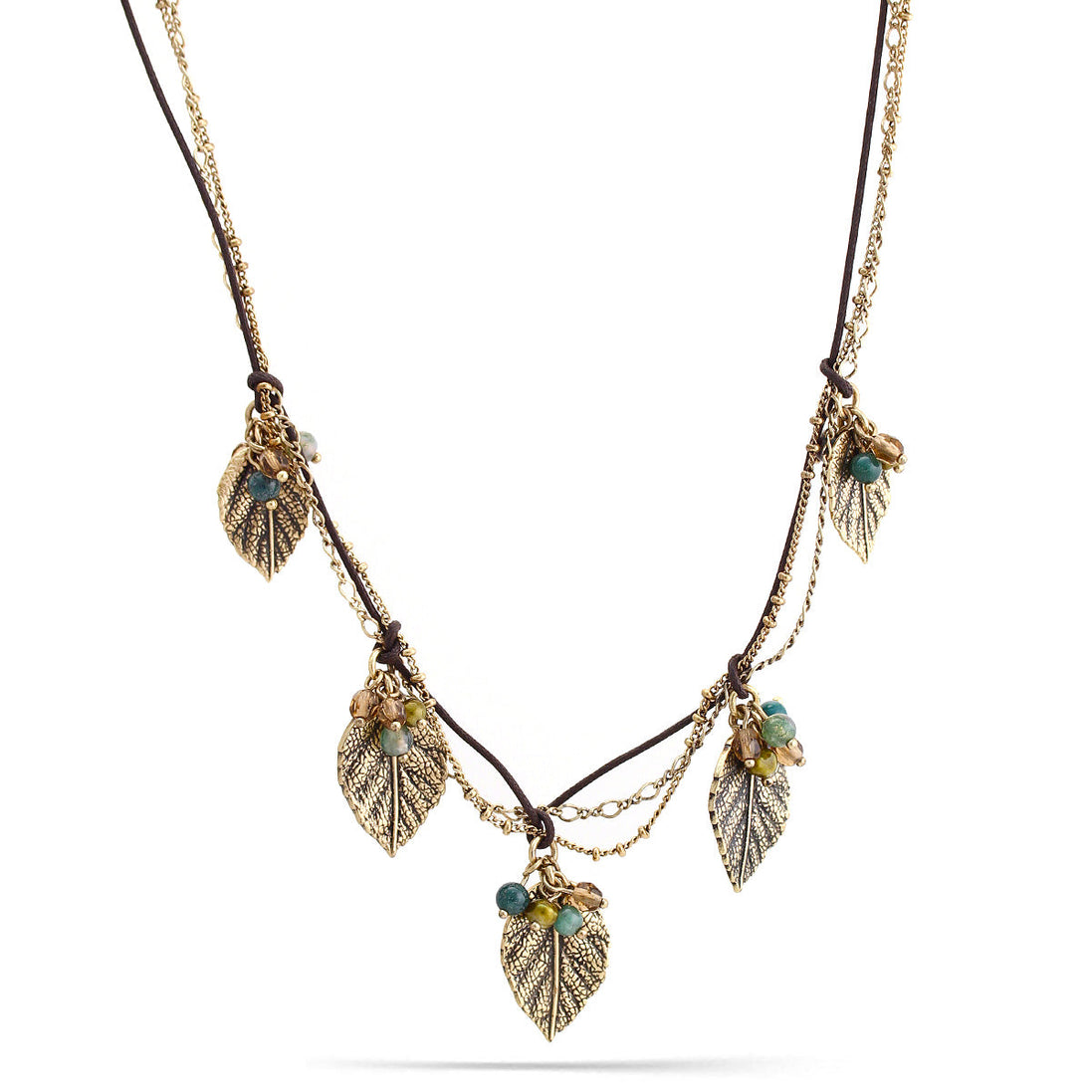 Antique Gold-Tone Metal Leaf Gold And Brown Rope 3 Layered Chain Necklace
