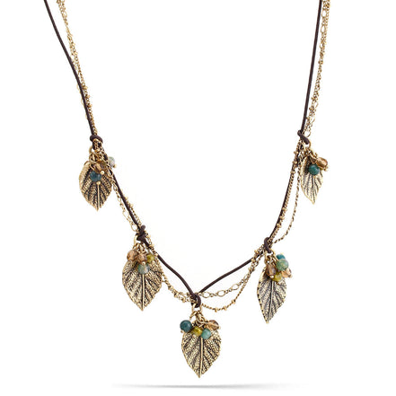 Antique Gold-Tone Metal Leaf Gold And Brown Rope 3 Layered Chain Necklace