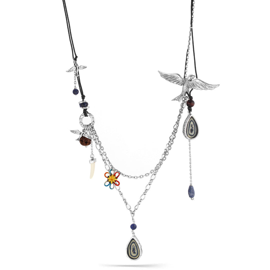 Silver-Tone Metal Bird Flower And Mix Charm Necklace