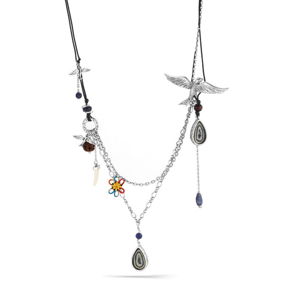 Silver-Tone Metal Bird Flower And Mix Charm Necklace