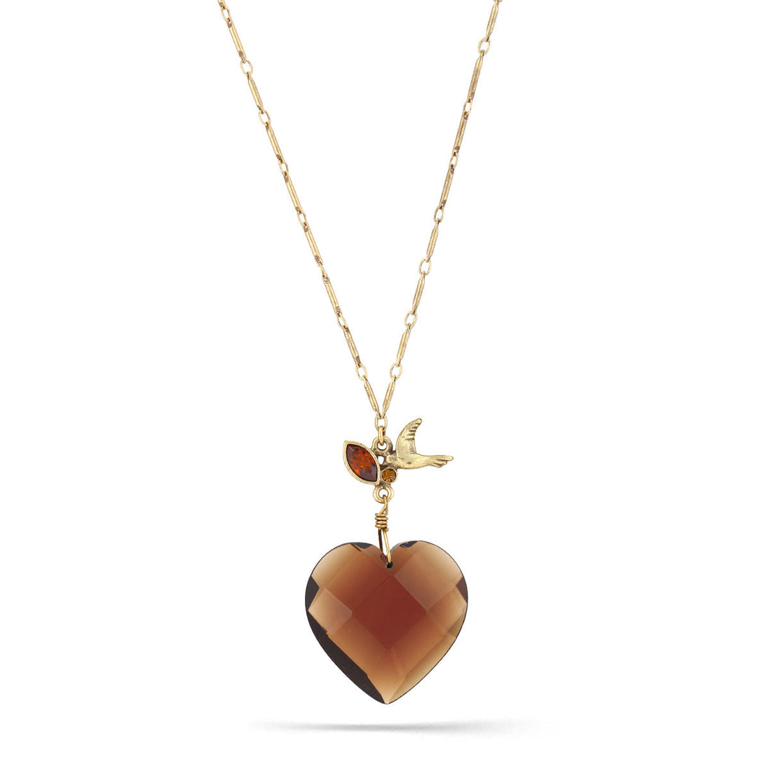 Gold-Tone Metal Smokey Pendant Bird And Crystal Neckalce