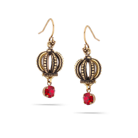 Gold-Tone Metal Crown Red Crystal Drop Earrings