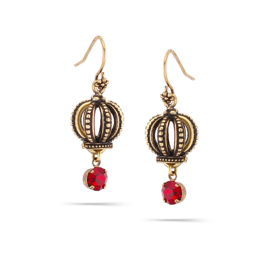 Gold-Tone Metal Crown Red Crystal Drop Earrings