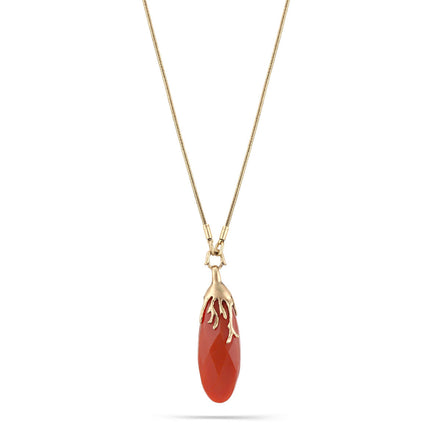 Antique Gold-Tone Metal Orange Faceted Teardrop Stone Pendabt Necklace