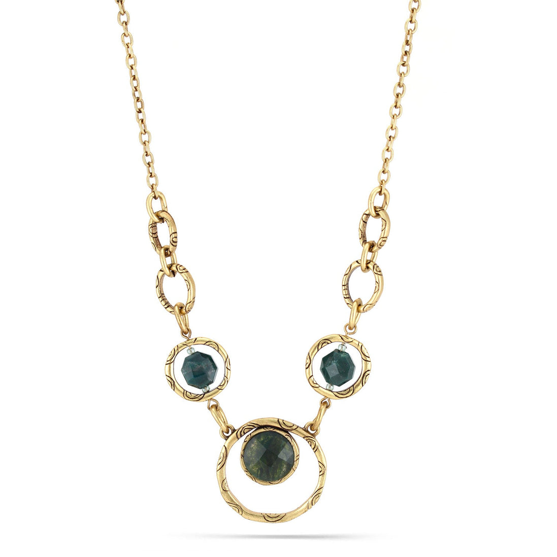 Antique Gold-Tone Metal Green Faceted Stone Necklace