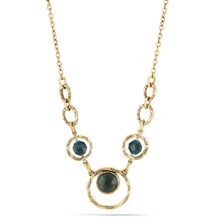 Antique Gold-Tone Metal Green Faceted Stone Necklace