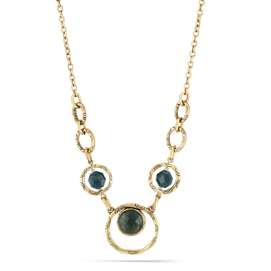 Antique Gold-Tone Metal Green Faceted Stone Necklace