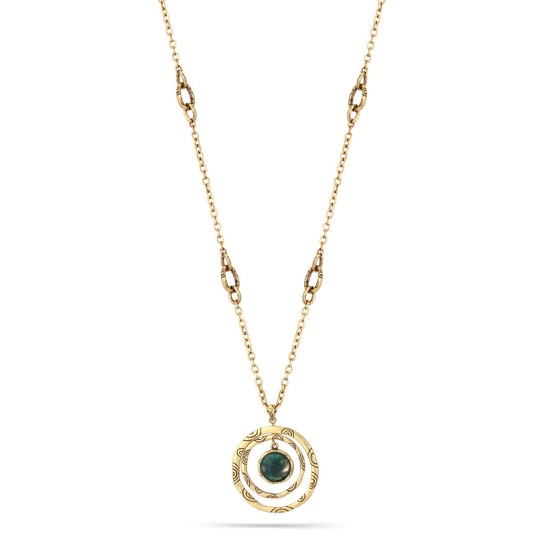 Antique Gold-Tone Metal Green Faceted Stone Round Pendant Necklace