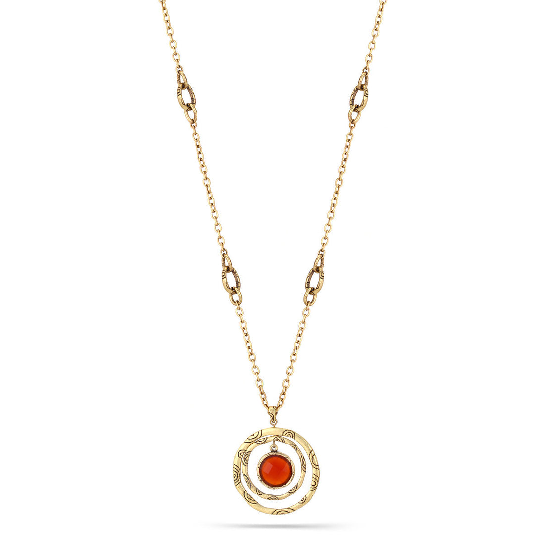 Antique Gold-Tone Metal Orange Faceted Stone Round Pendant Necklace