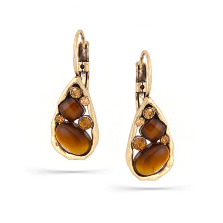 Gold-Tone Metal Tiger'S Eye Gold Crystal Drop Earrings