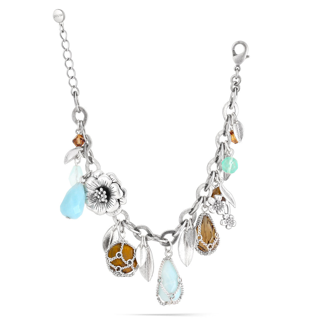 Silver-Tone Metal Tiger'S Eye Green And Smokey Stone Silver Flower Wrap Around Bracelets