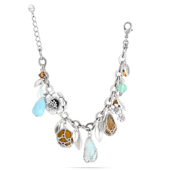 Silver-Tone Metal Tiger'S Eye Green And Smokey Stone Silver Flower Wrap Around Bracelets