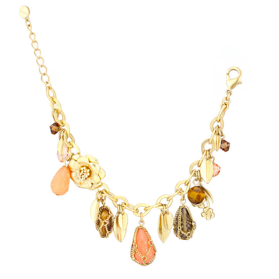 Gold-Tone Metal Flowers And Leaves Tiger'S Eyes And Peach Stone Wrap Around Bracelets