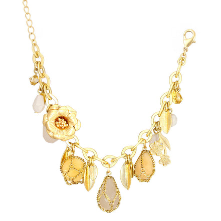 Gold-Tone Metal Flower And Leaves Cream Stones Wrap Around Bracelets