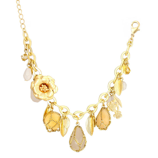 Gold-Tone Metal Flower And Leaves Cream Stones Wrap Around Bracelets