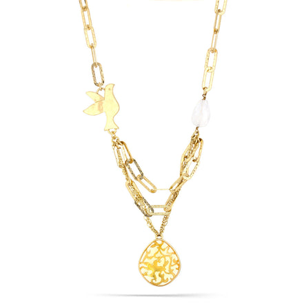 Gold-Tone Metal Filigree Yellow Faceted Stone Pendant White Crystal Peace Necklace