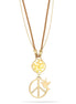 Gold-Tone Metal Peace Crystal Pendant Brown Leather And Gold Chain Gold Lobster Clasp Neckalce