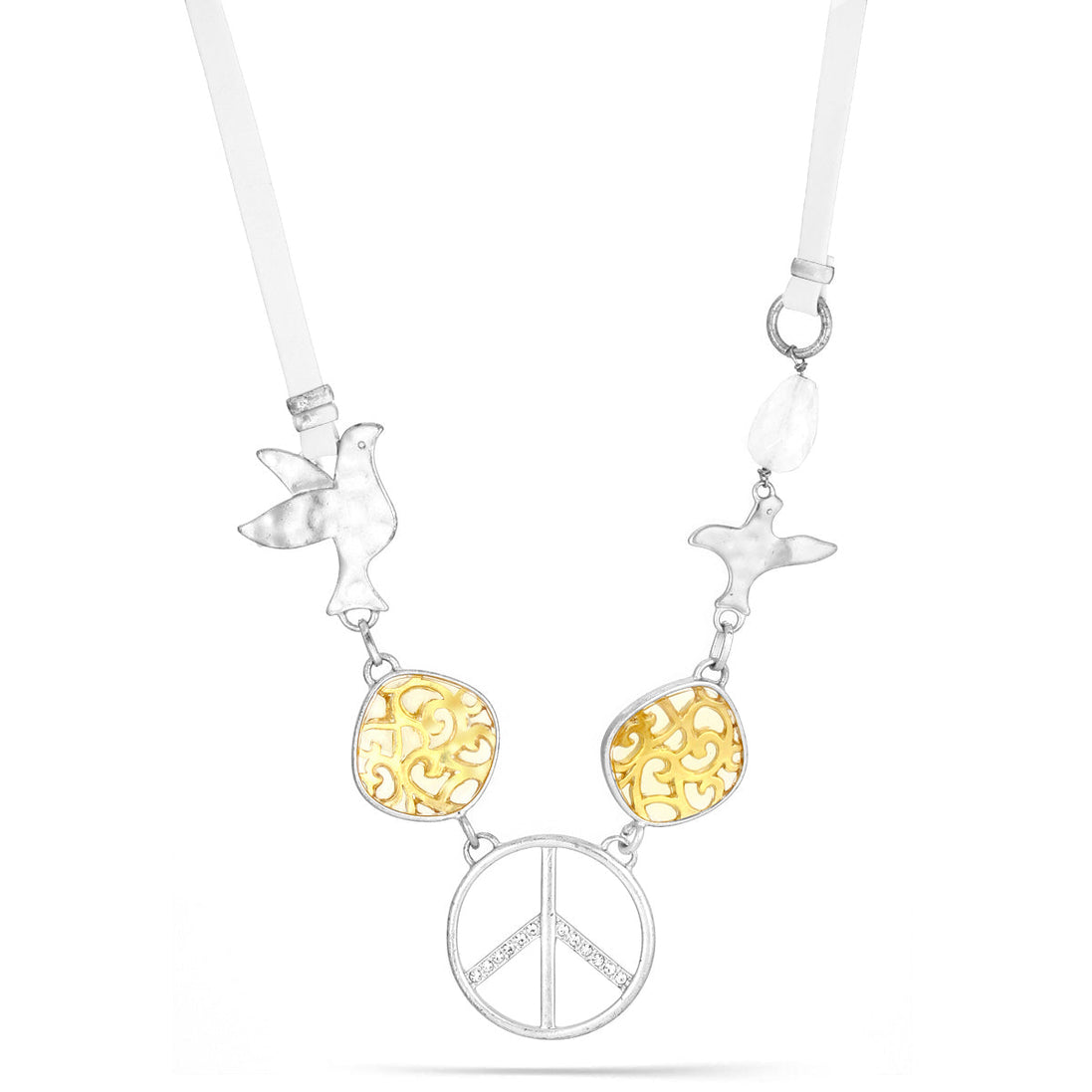 Silver-Tone Metal Peace Crystal Pendant Cream Leather Chain Silver Lobster Clasp Neckalce