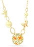 Gold-Tone Metal Bird And Butterfly Orange Green Flower Necklace