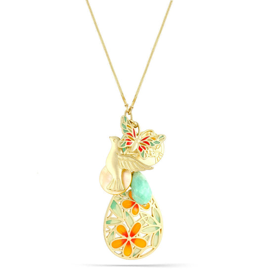 God-Tone Metal Teardrop Eanamel Flower Pendant Mother Of Pearl And Blue Stone Peace Necklace