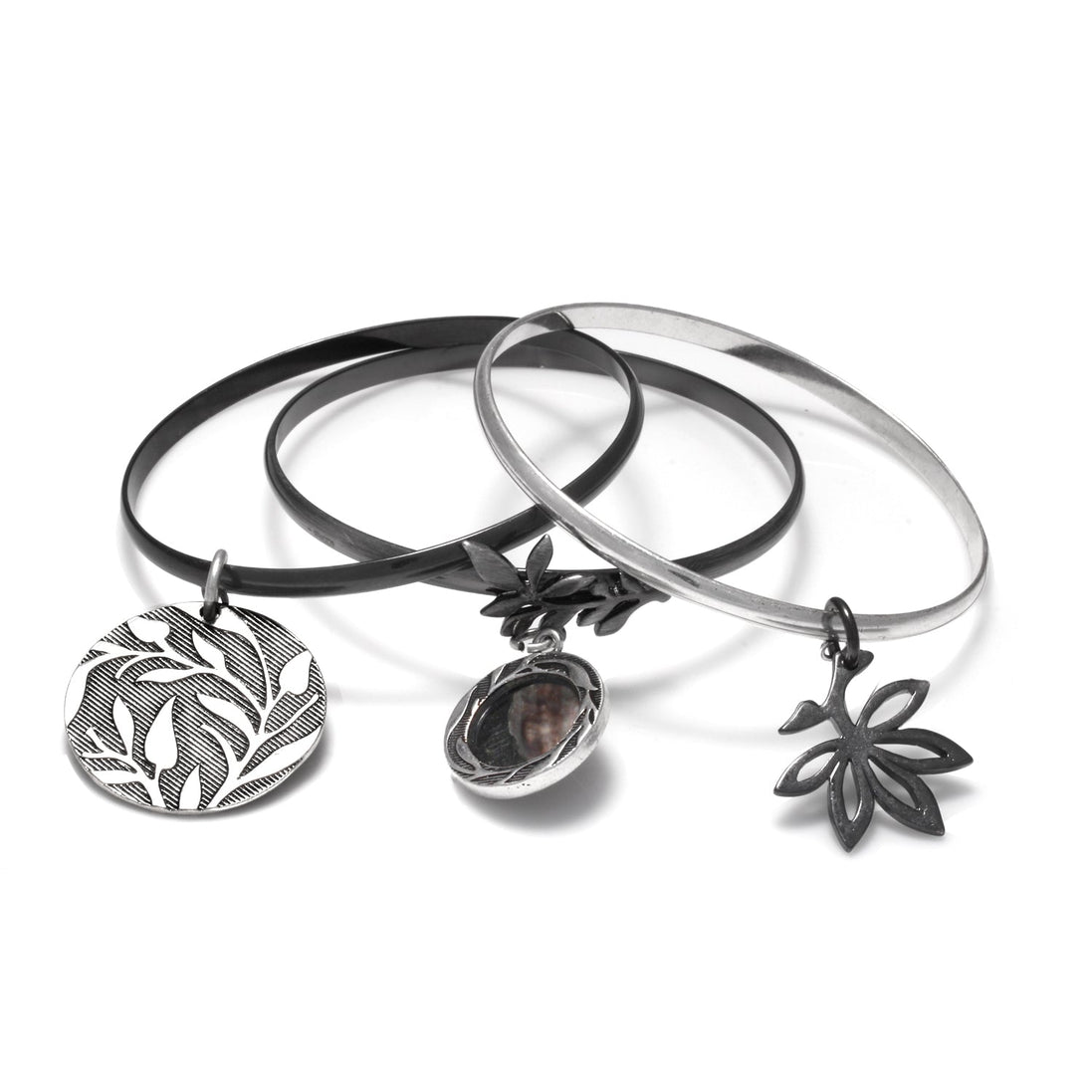 Silver-Hematite Tone Metal Set Of Three Charm Bangles