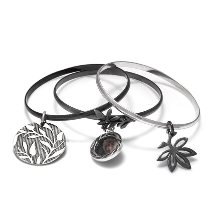 Silver-Hematite Tone Metal Set Of Three Charm Bangles