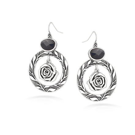 Silver-Tone Metal Flower Black Earrinds