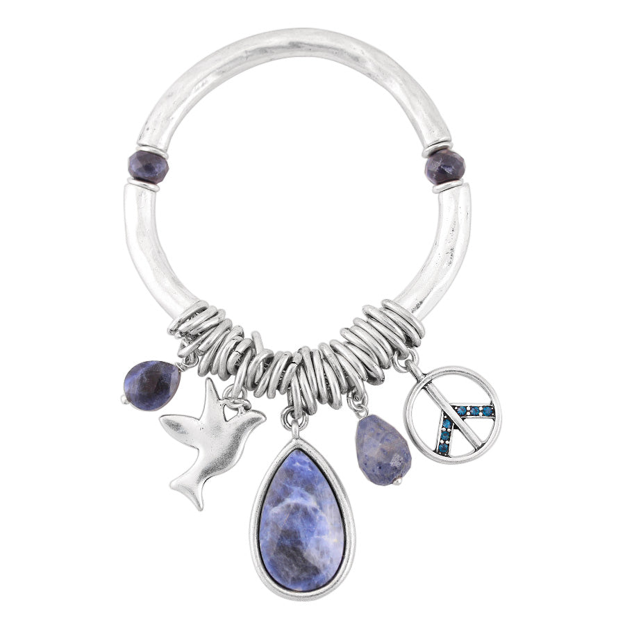 Silver-Tone Metal Blue Faceted Stone Mix Charms Stretch Crystal Bracelets