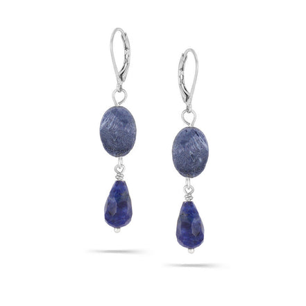 Silver-Tone Metal Blue Faceted Stone Tear Drop Earrings