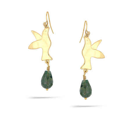 Gold-Tone Metal Bird Green Teardrop Stone Earrings