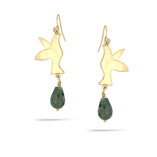 Gold-Tone Metal Bird Green Teardrop Stone Earrings