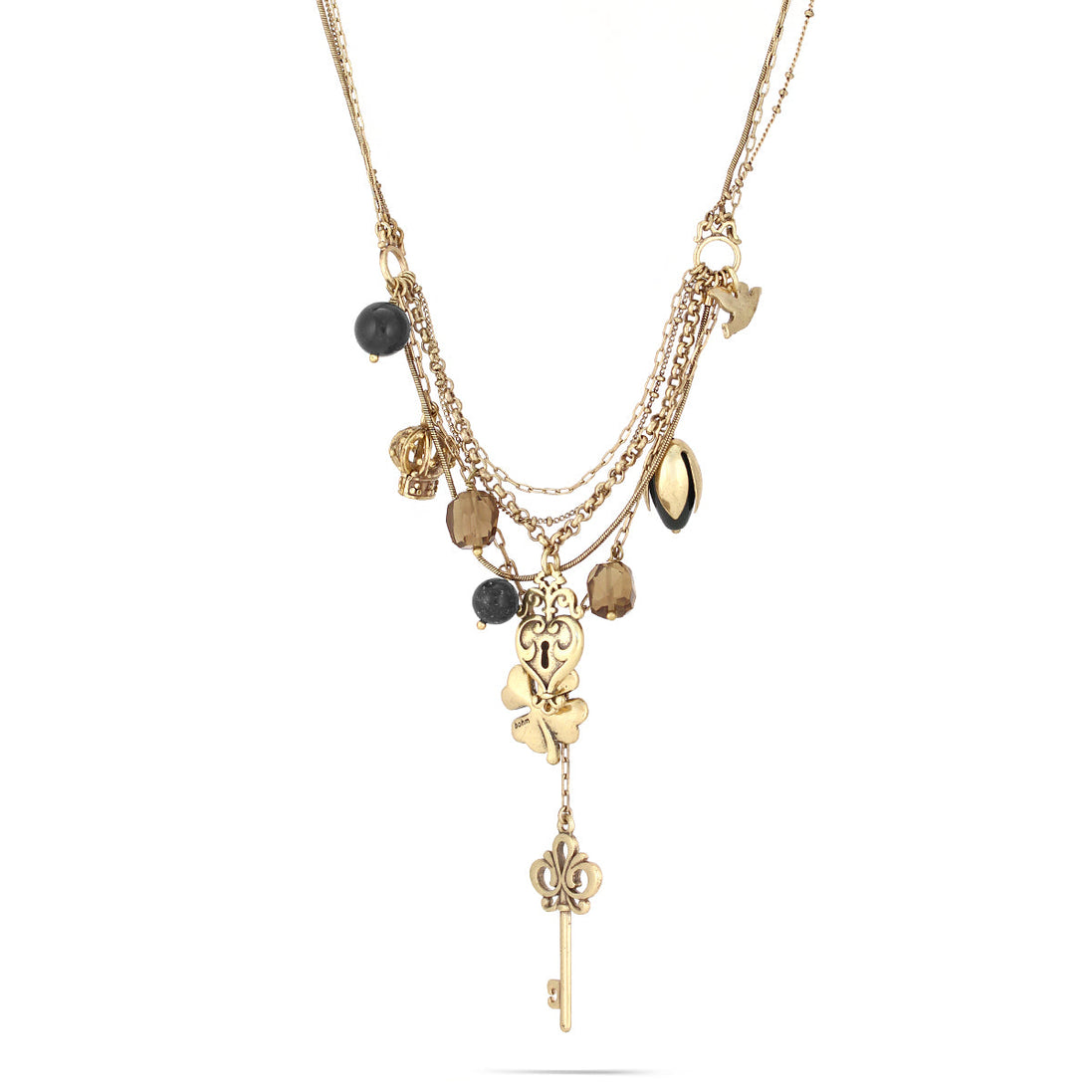 Gold-Tone Metal Black Smokey Stone Mix Charm Necklace