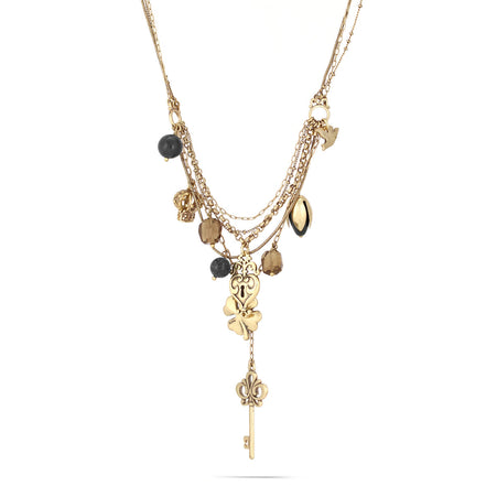 Gold-Tone Metal Black Smokey Stone Mix Charm Necklace