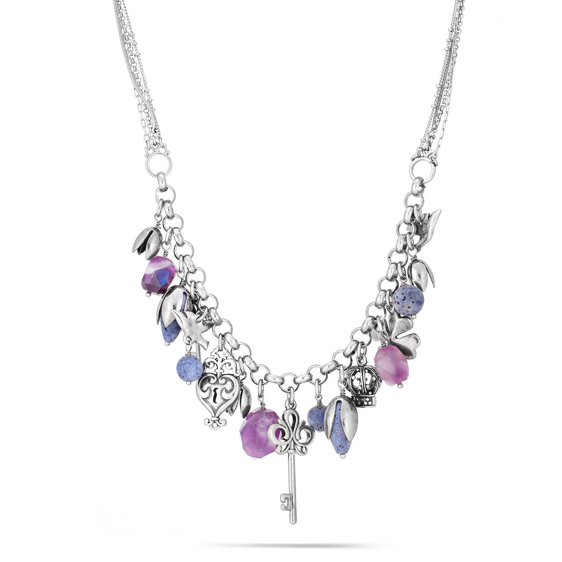 Rhodium-Tone Metal Mix Charm Amethyst Necklace
