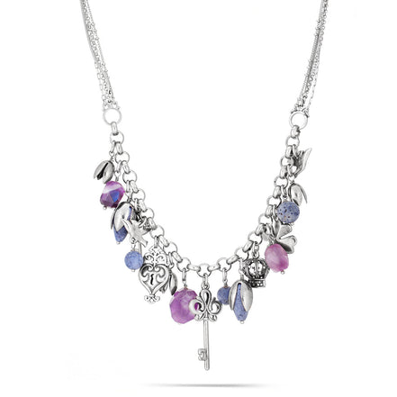 Rhodium-Tone Metal Mix Charm Amethyst Necklace