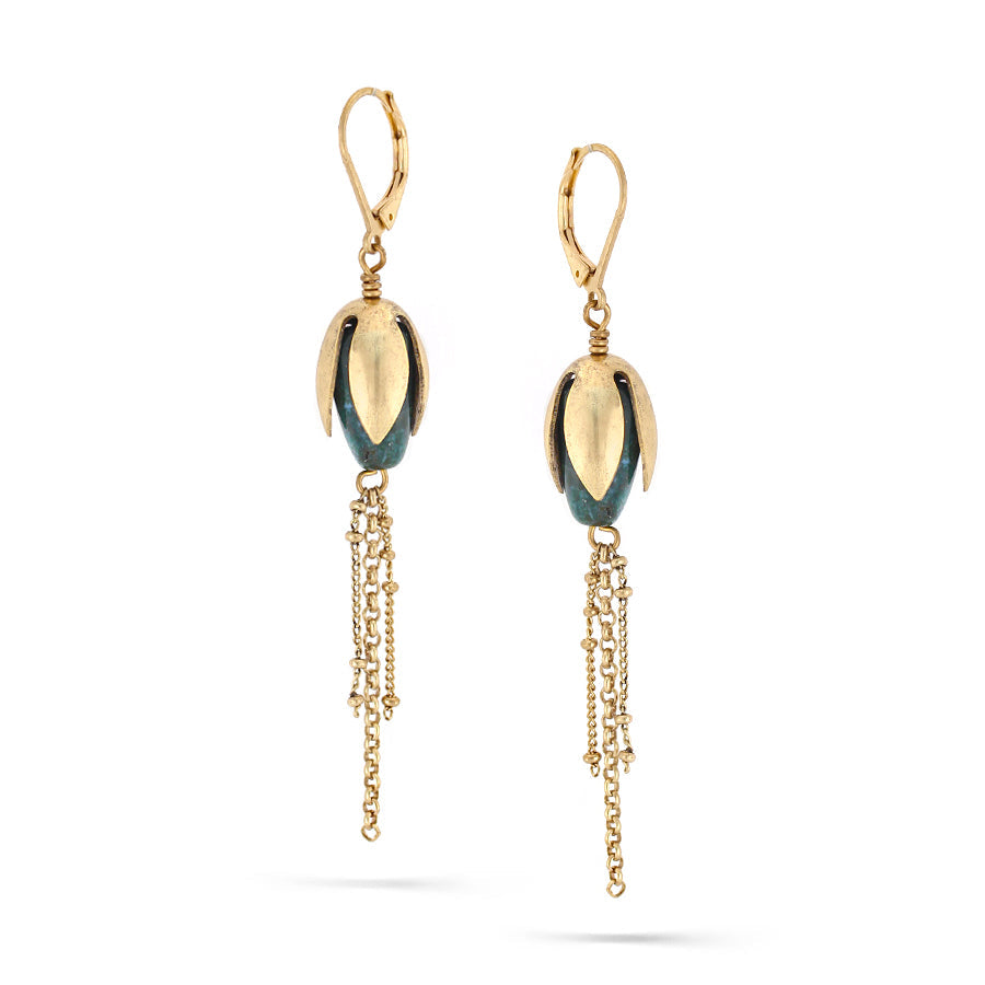 Gold-Tone Metal Green Natural Stone Drop Earrings