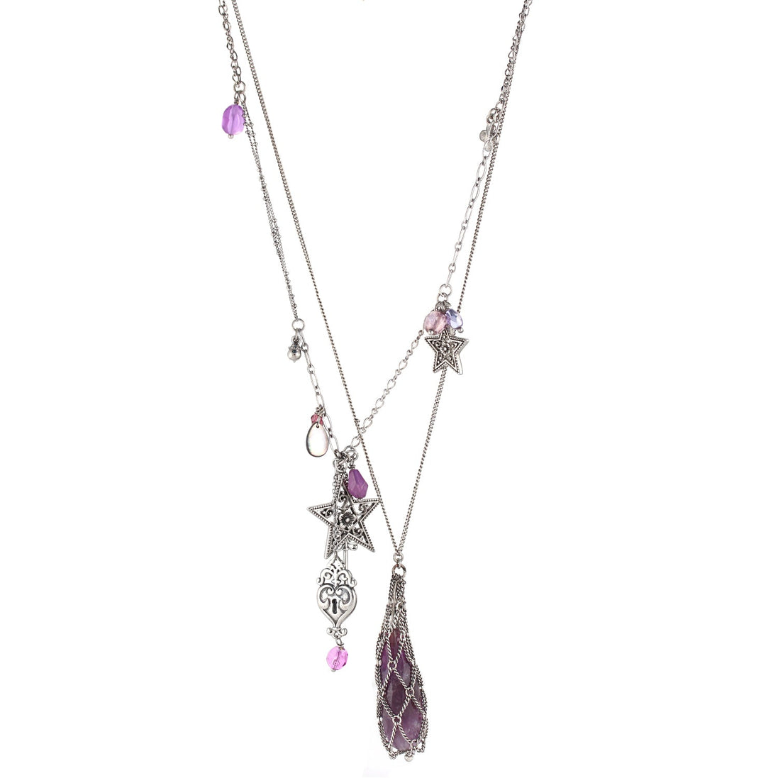 Rhodium-Tone Metal Perple Stone Layered Necklace