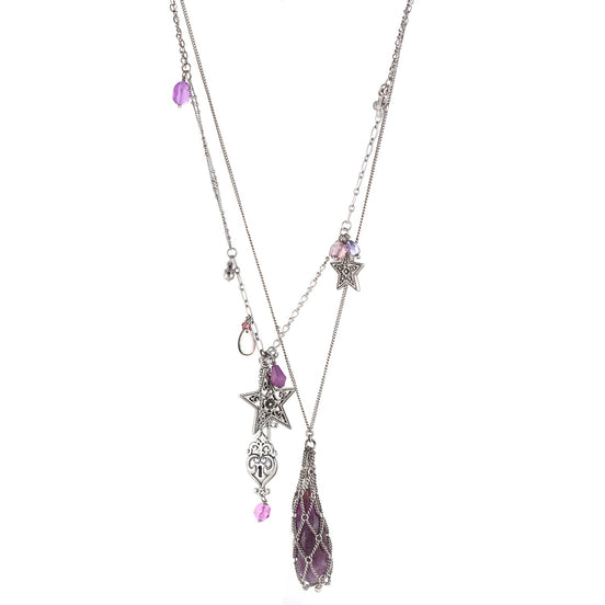 Rhodium-Tone Metal Perple Stone Layered Necklace
