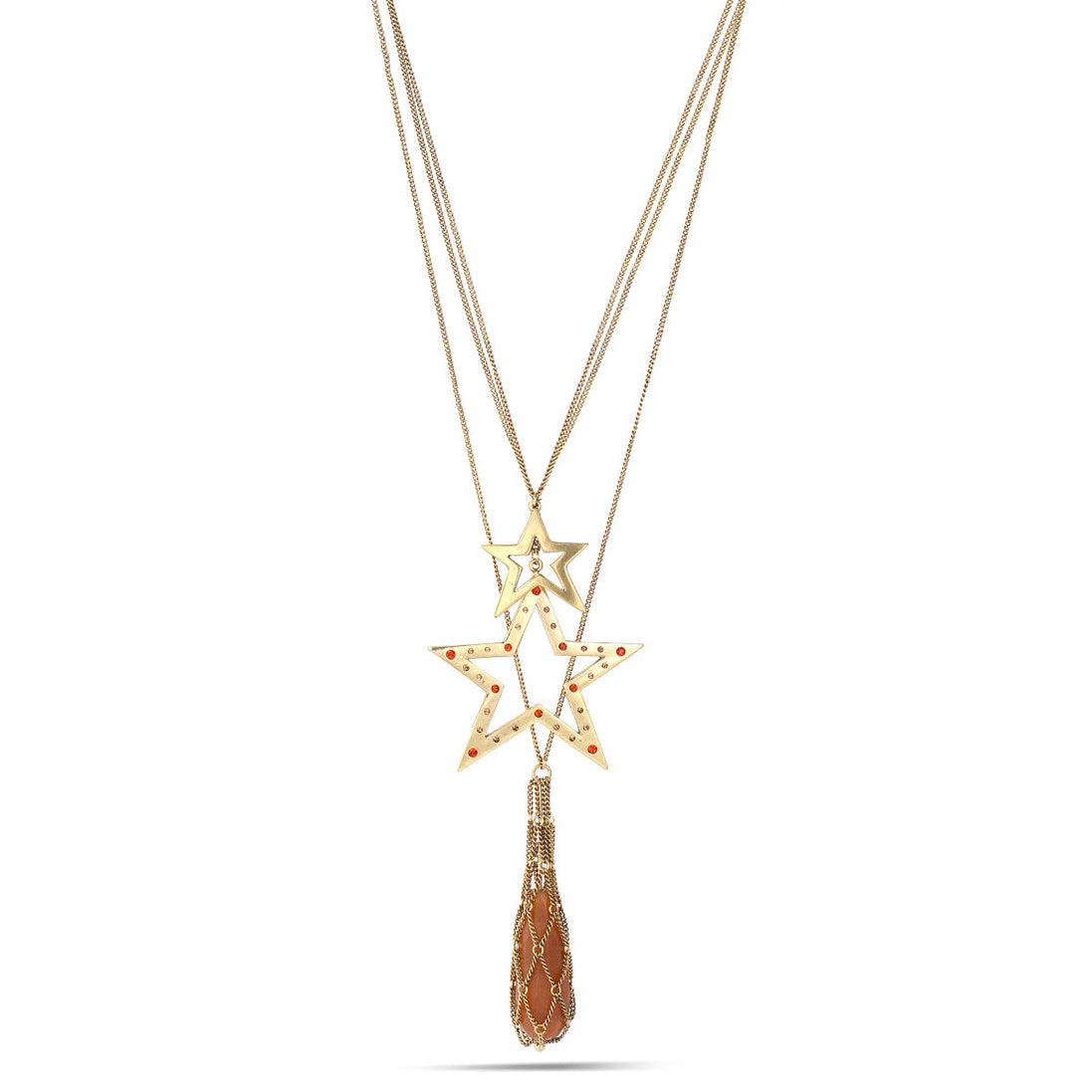 Gold-Tone Metal Star Crystal Dark Peach Stone Drop Necklace 