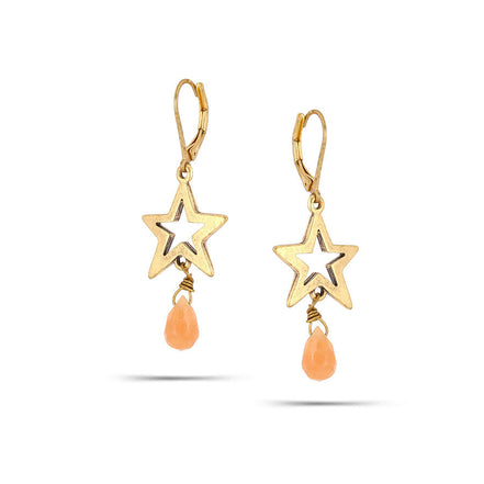 Gold-Tone Metal Peach Stone Star Dangle Earrings