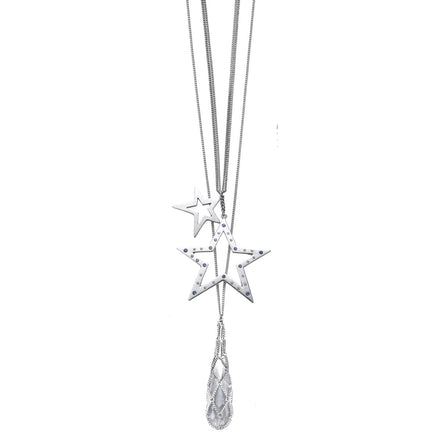 Silver-Tone Metal Star Crystal Drop Long Gnecklace 