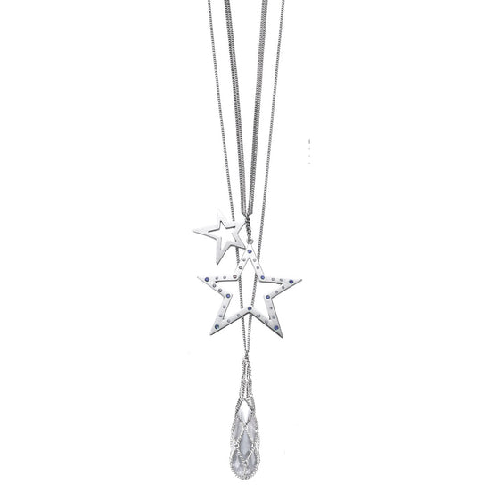 Silver-Tone Metal Star Crystal Drop Long Gnecklace 