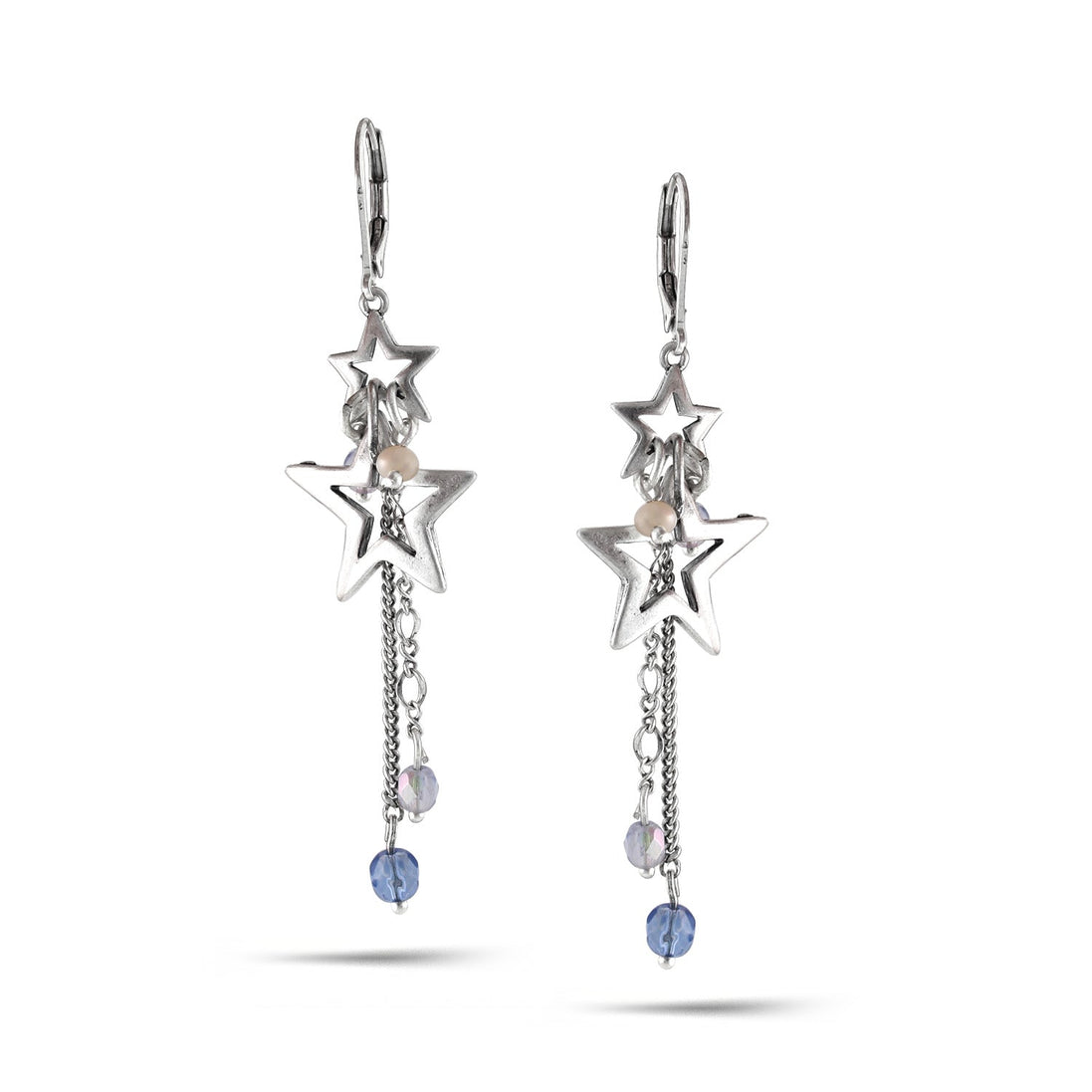 Silver-Tone Metal Star Crystal Drop Earrings